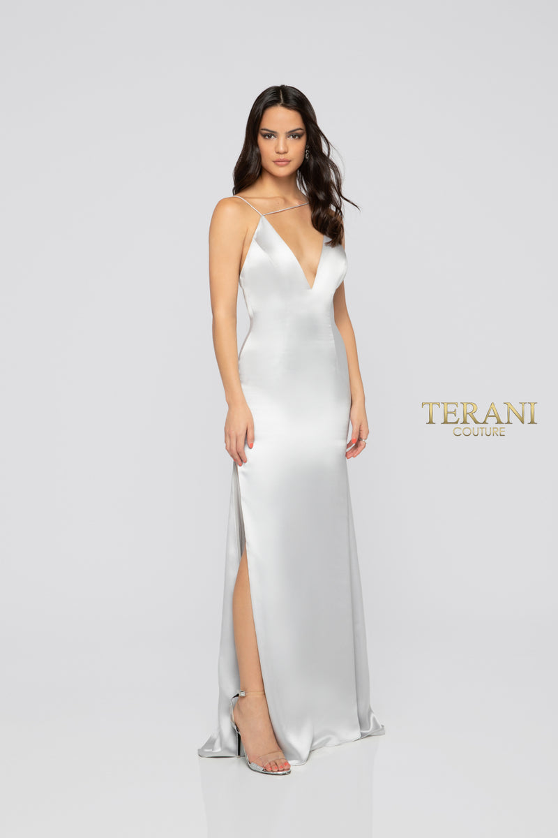 Low-back, straight cut fitted prom dress from Terani